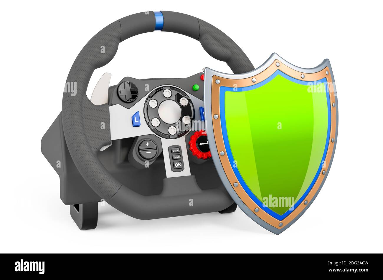 Gaming steering wheel with shield, 3D rendering isolated on white ...