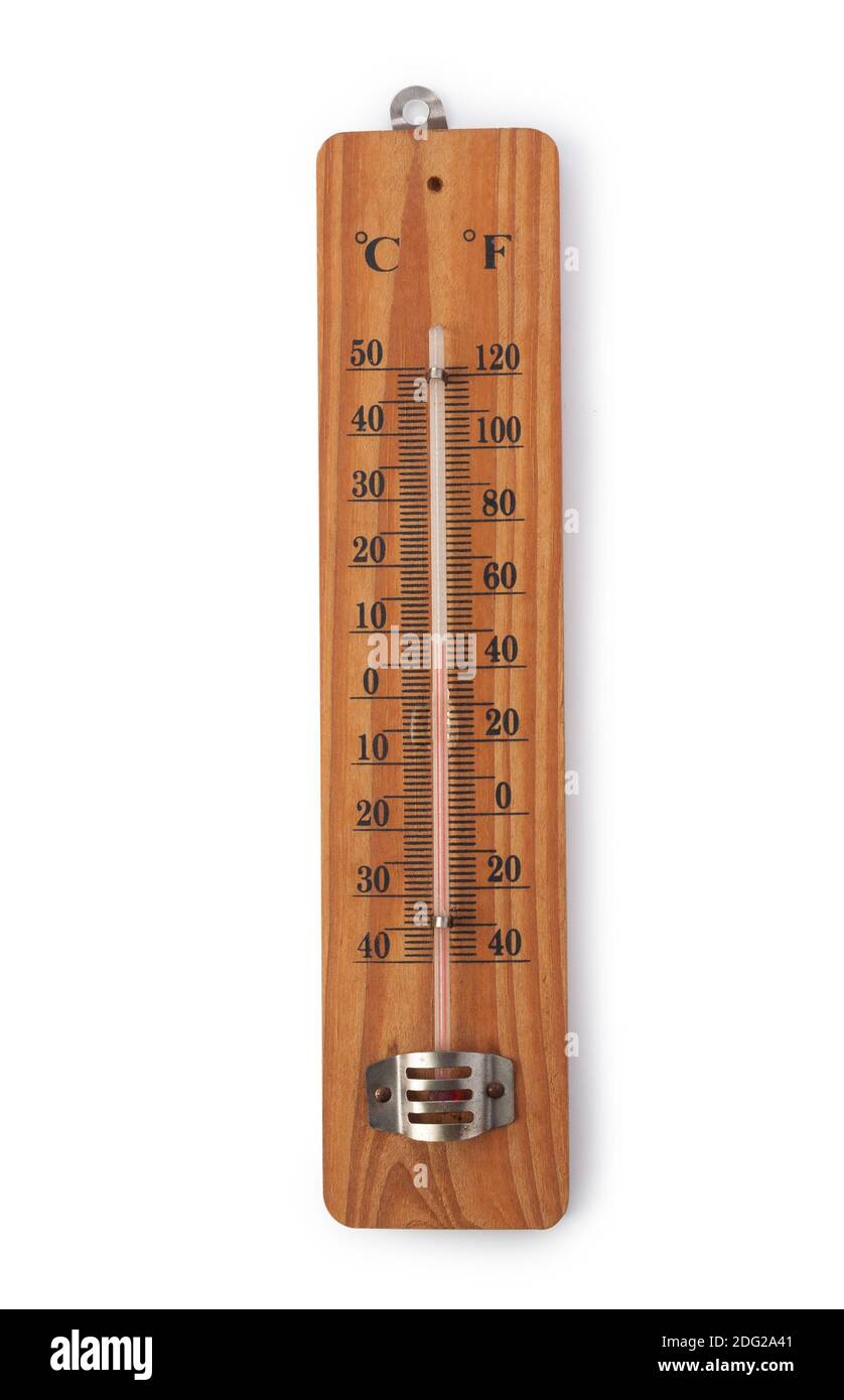 Wooden outside thermometer isolated on white background Stock Photo - Alamy
