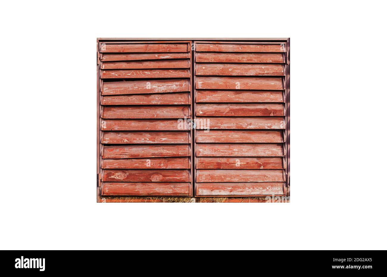 Closed gate of an old wooden barn isolated on white background Stock Photo
