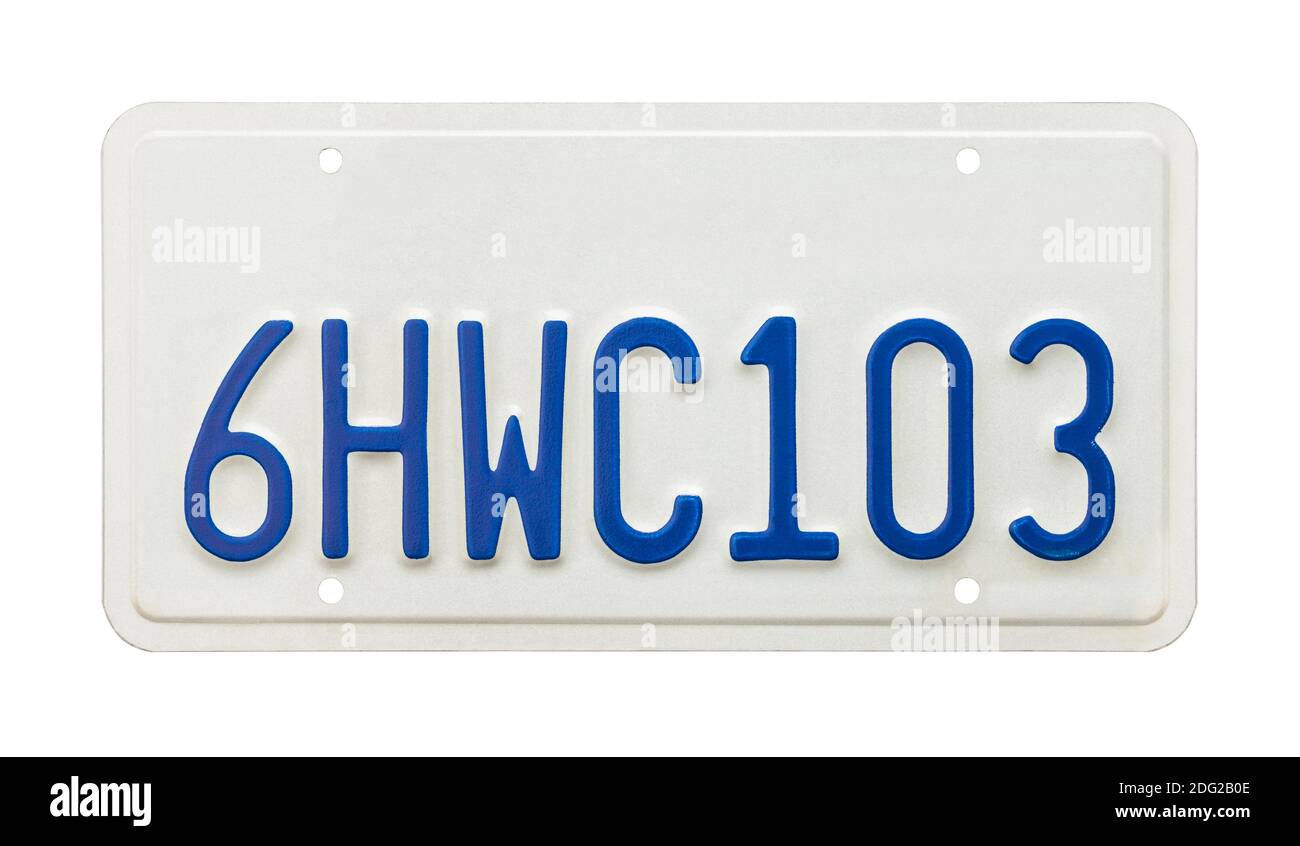 License Plate with Blue Number and Copy Space. Stock Photo