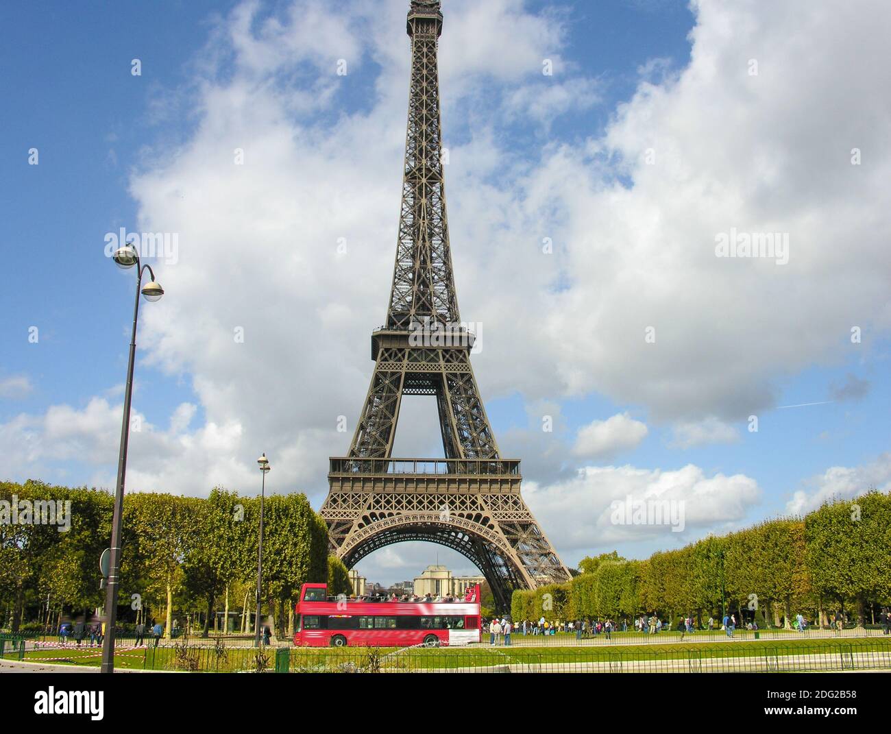 Paris, La Tour Eiffel. Beautiful view of famous tower from Champs de Mars Stock Photo