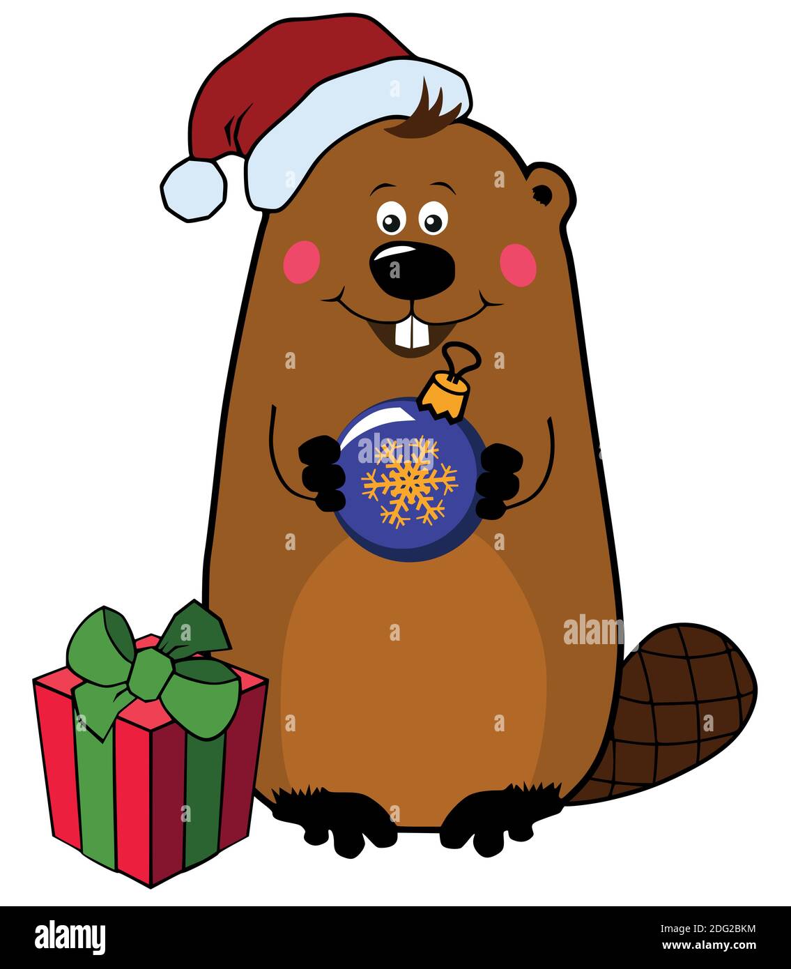 Funny cartoon Christmas beaver in Santa hat with gift box and Christmas ornament Stock Vector