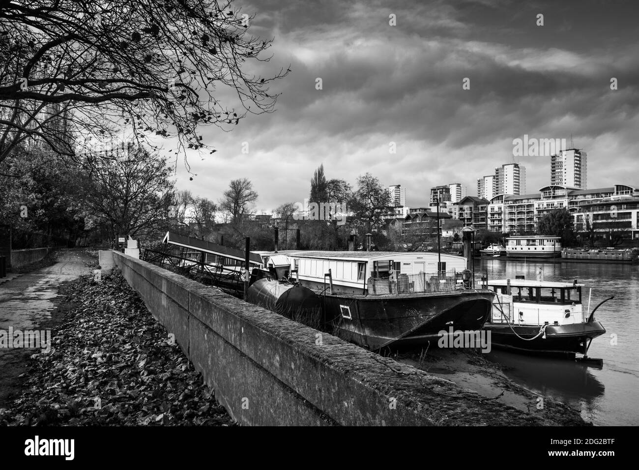 Europe, UK, England, London, black & white shot of houseboats on the Thames in Kew, buildings in Chiswick, Autumn, no people, thames path Stock Photo
