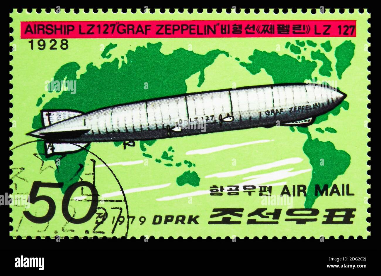 MOSCOW, RUSSIA OCTOBER 21, 2018 A stamp printed in Korea shows Graf Zeppelin, Zeppelins serie