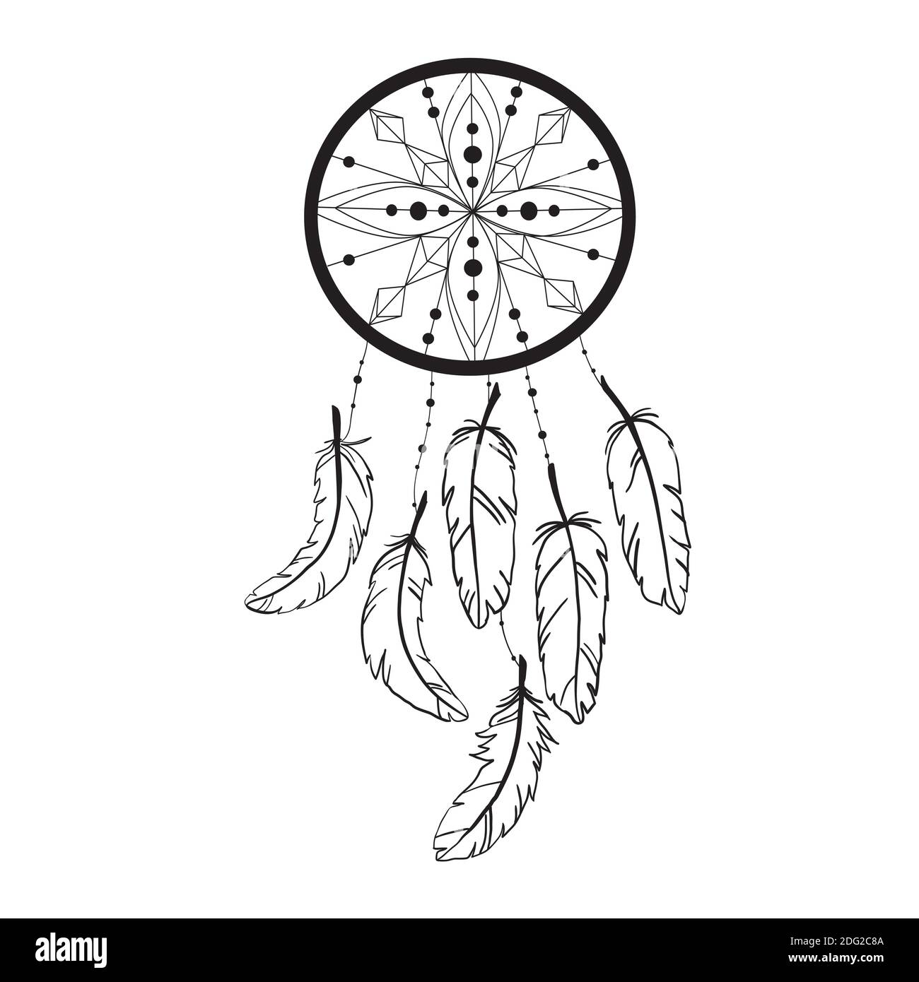 The Dreamcatcher's silhouette is decorated with feathers and beads. Hand-drawn vector illustration. Stock Vector