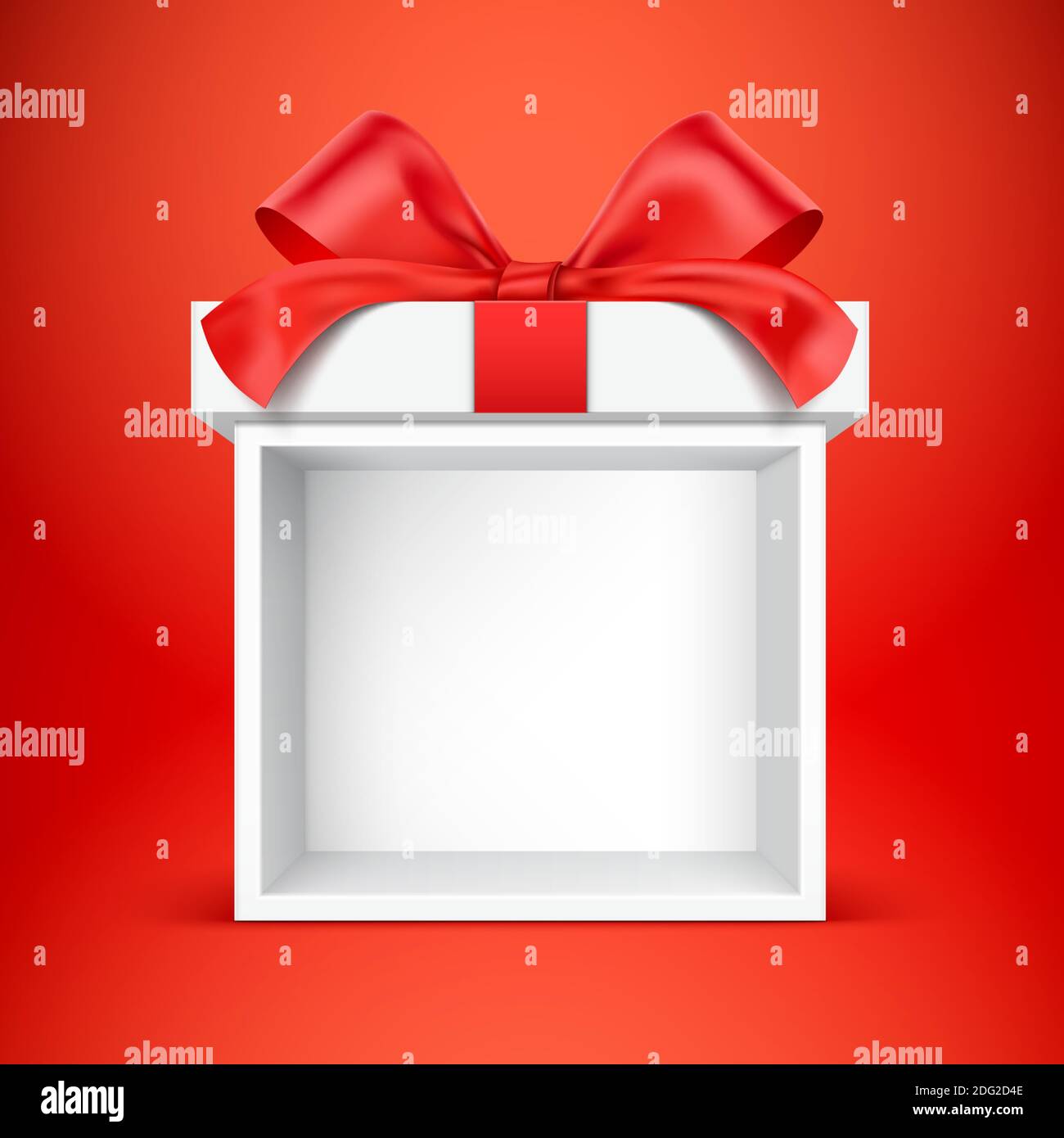 Empty gift box kiosk. Vector illustration of white present box on the red background, with clear space for product placement. Gift box creative display stand, with red satin ribbon and bow. Stock Vector