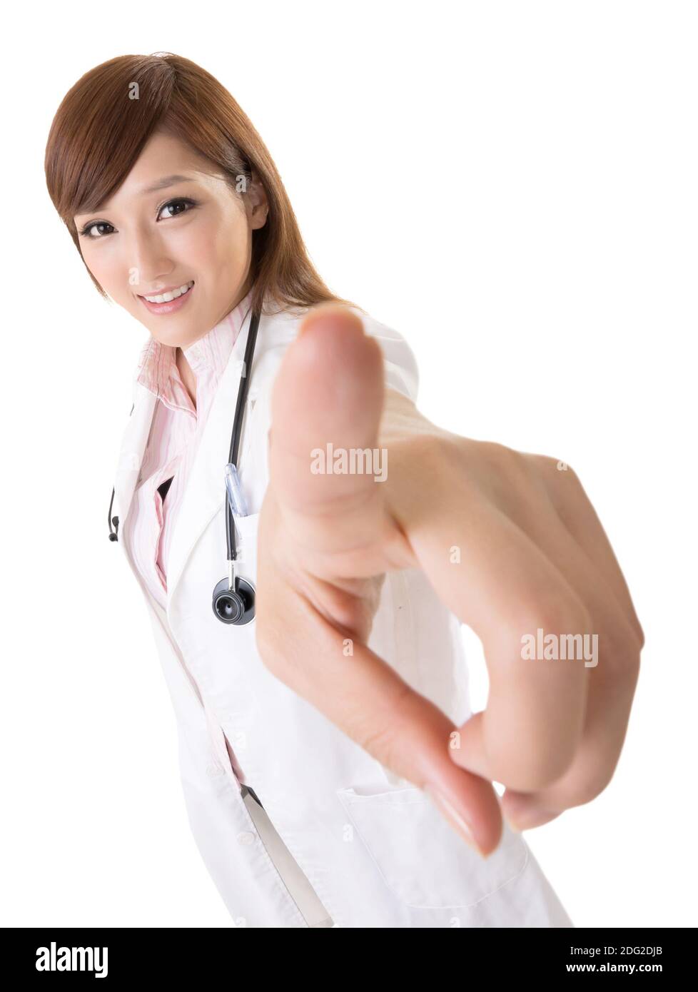 Doctor Point Woman Happy beautiful female doctor point hi-res stock photography and images ...