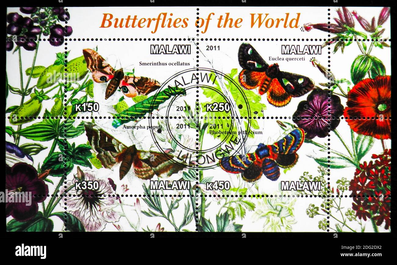MOSCOW, RUSSIA - OCTOBER 21, 2018: Four stamps printed in Malawi from the Butterflies serie, circa 2011 Stock Photo