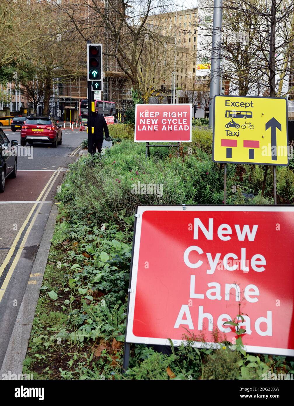 Signs for new pop-up cycle and bus lanes with driving lanes closed due to covid-19 extra funding for cities, Bristol Stock Photo