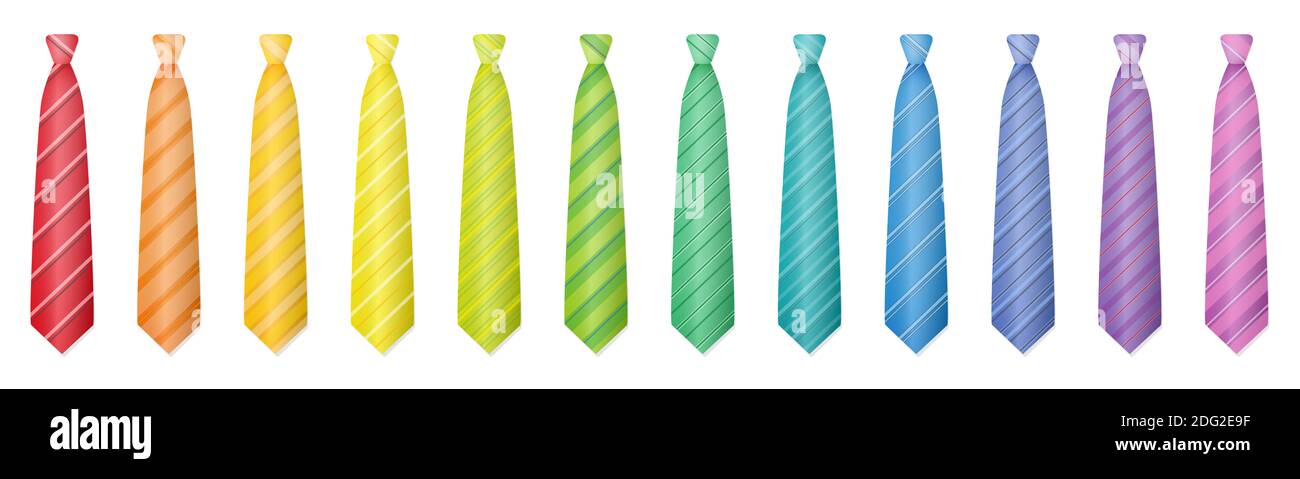 Ties set. Rainbow gradient spectrum of twelve colorful cravats or neckties - illustration on white background. Stock Photo