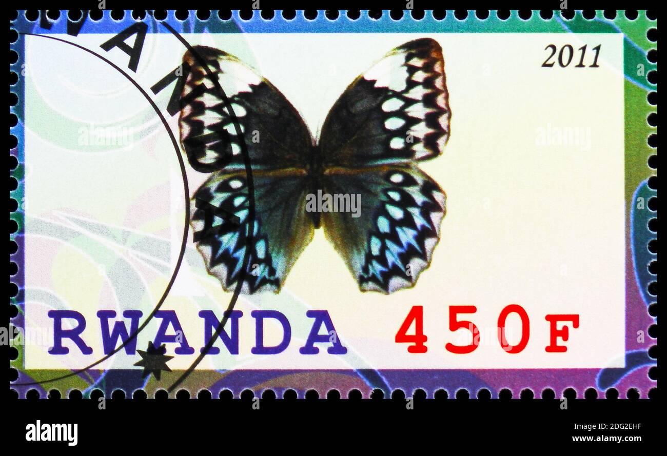 MOSCOW, RUSSIA - OCTOBER 21, 2018: A stamp printed in Rwanda shows Stichophthalma godfreyi, Butterflies serie, circa 2011 Stock Photo