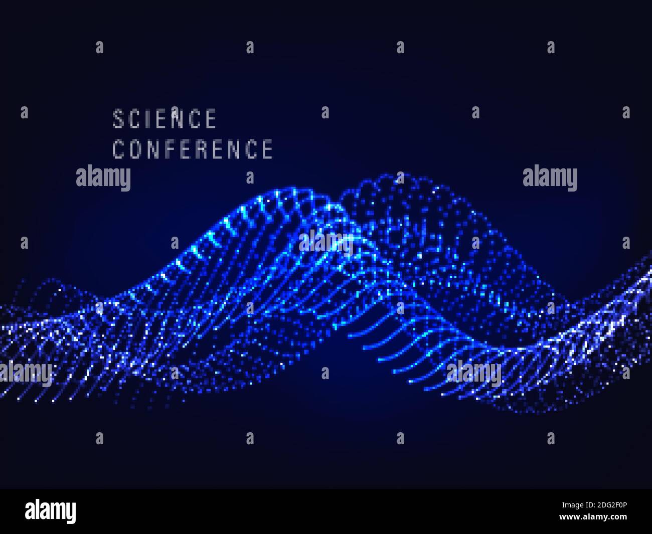 Blue wavy wave, particle surface on dark blue background. Abstract technology or science banner. Cyber space background. Particles wave flow Stock Vector