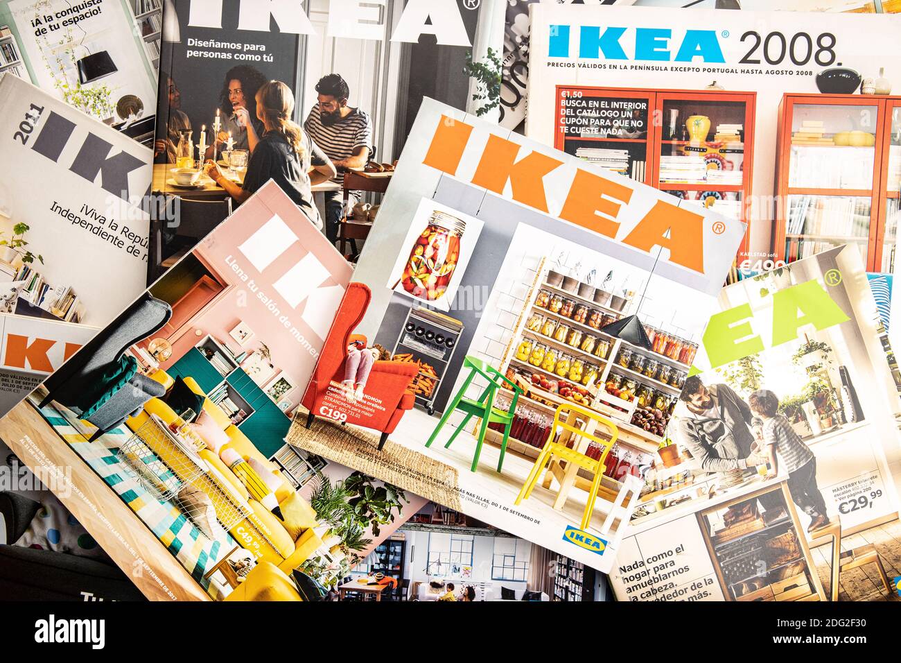 Galicia, Spain; december 07, 2020: group of ikea catalogs of various years. Spanish edition. Top view Stock Photo