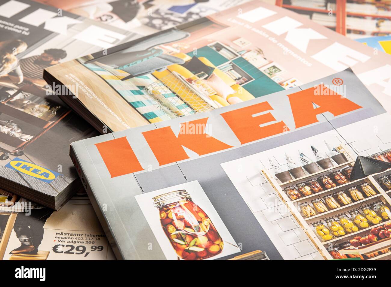 Galicia, Spain; december 07, 2020: group of ikea catalogs of various years. Spanish edition. Close up Stock Photo