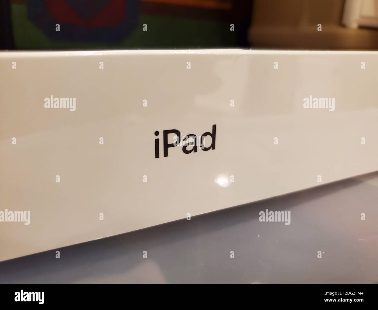 Close-up of the word 'iPad' printed on a white cardboard box in San Ramon, California, November 22, 2020. () Stock Photo