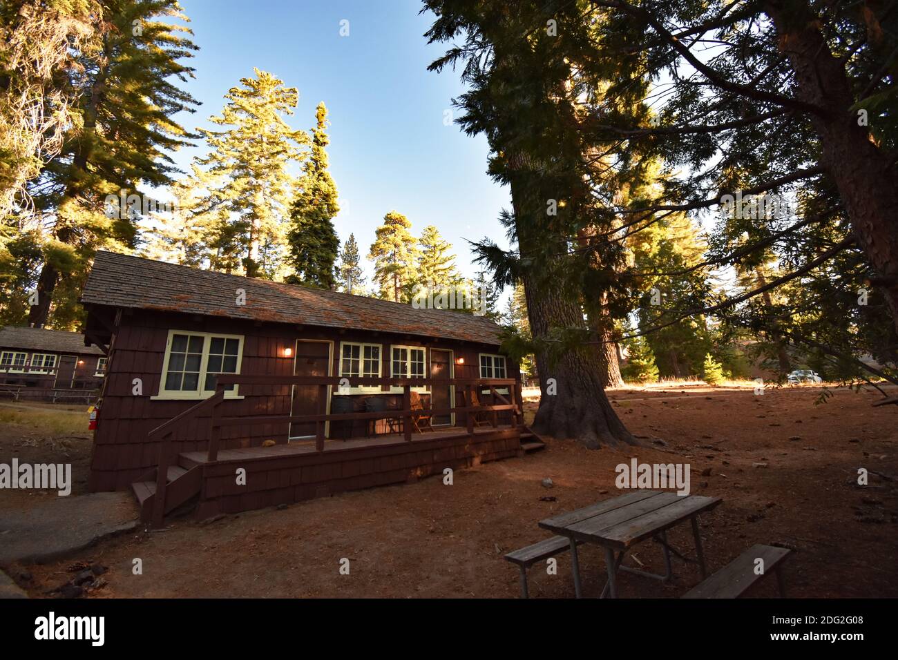 The rustic timber Grant Grove Cabins in Kings Canyon National Park, California, USA, situated amongst large pine trees in the Sierra Nevadas. Stock Photo