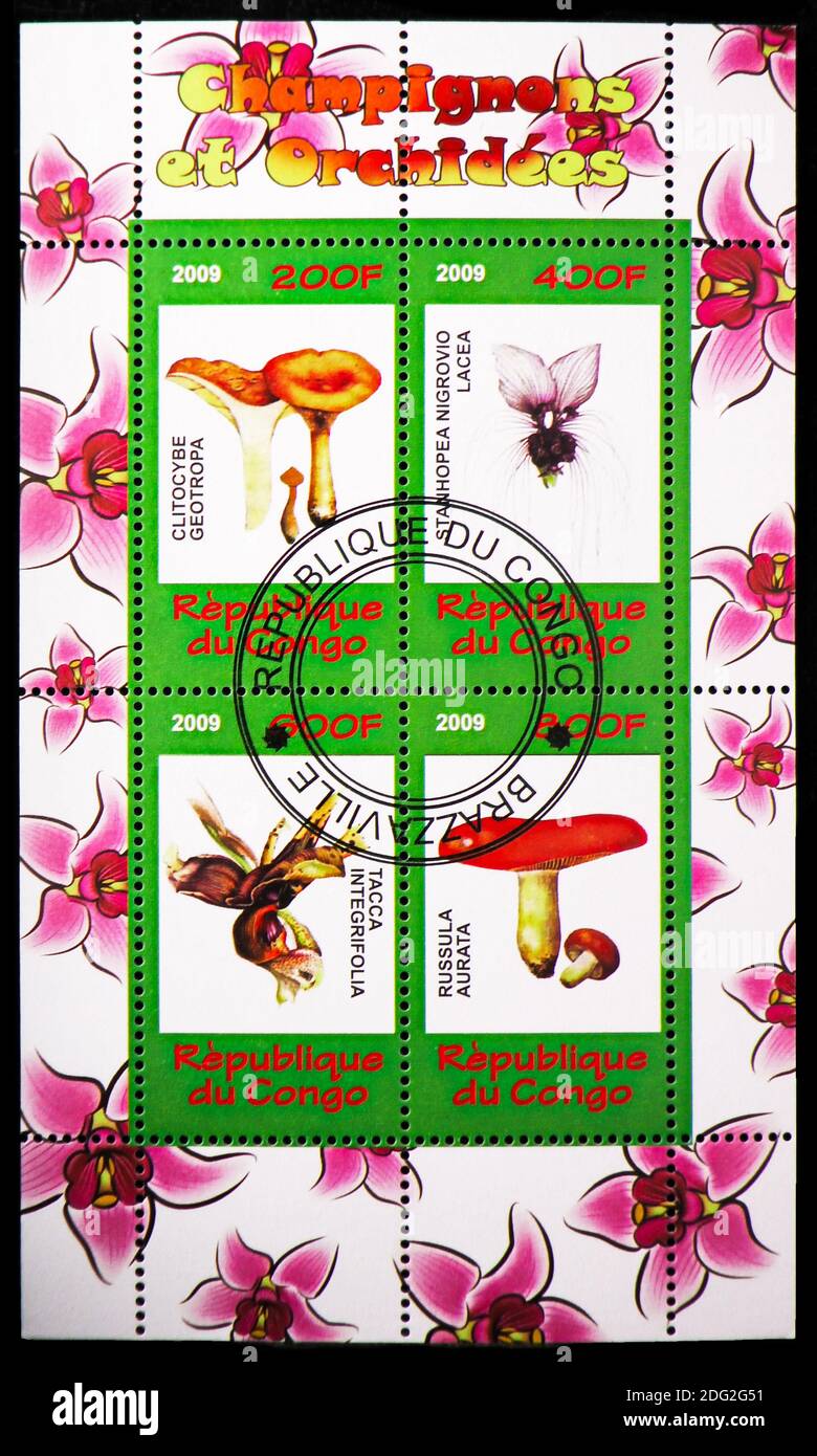 MOSCOW, RUSSIA - OCTOBER 21, 2018: A stamp printed in Congo shows four postage stamps from the Mushrooms and Orchids serie, circa 2009 Stock Photo