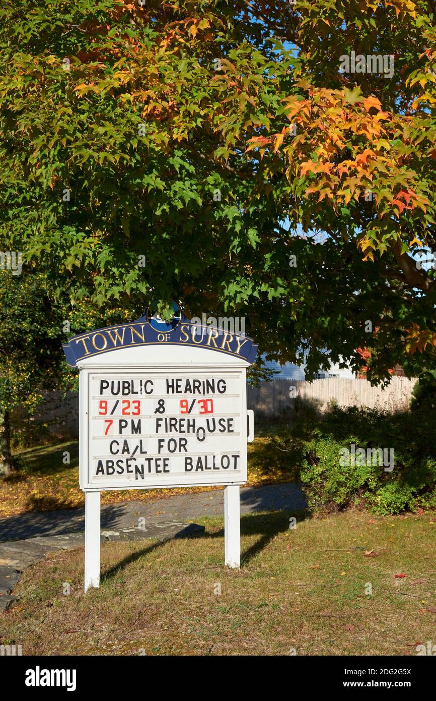 The Surry village, town sign, detailing absentee ballots for Trump vs Biden in 2020. In Surry, Maine. Stock Photo