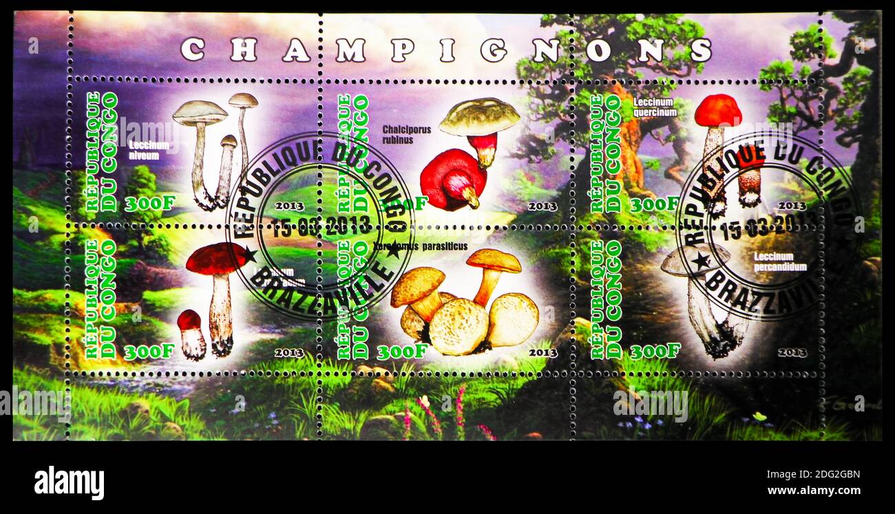 MOSCOW, RUSSIA - OCTOBER 21, 2018: A stamp printed in Congo shows six stamps block of Mushrooms serie, circa 2013 Stock Photo