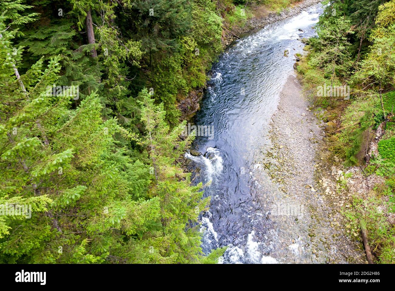 A view looking down onto the Capilano River and surrounding old-growth forest in North Vancouver, British Columbia, Canada Stock Photo
