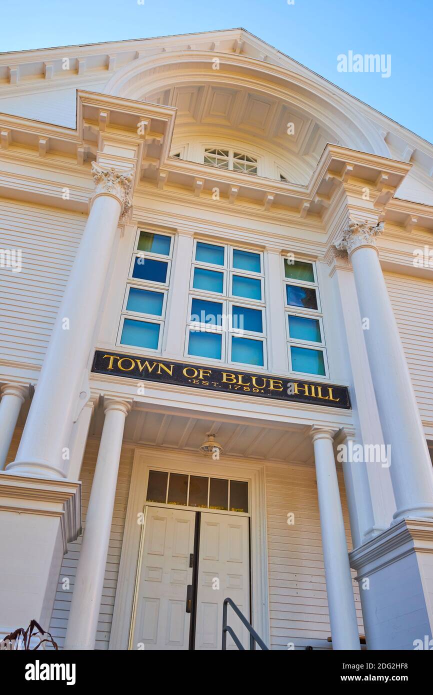 The exterior front facade, entrance to the Blue Hill Town Hall. In Blue