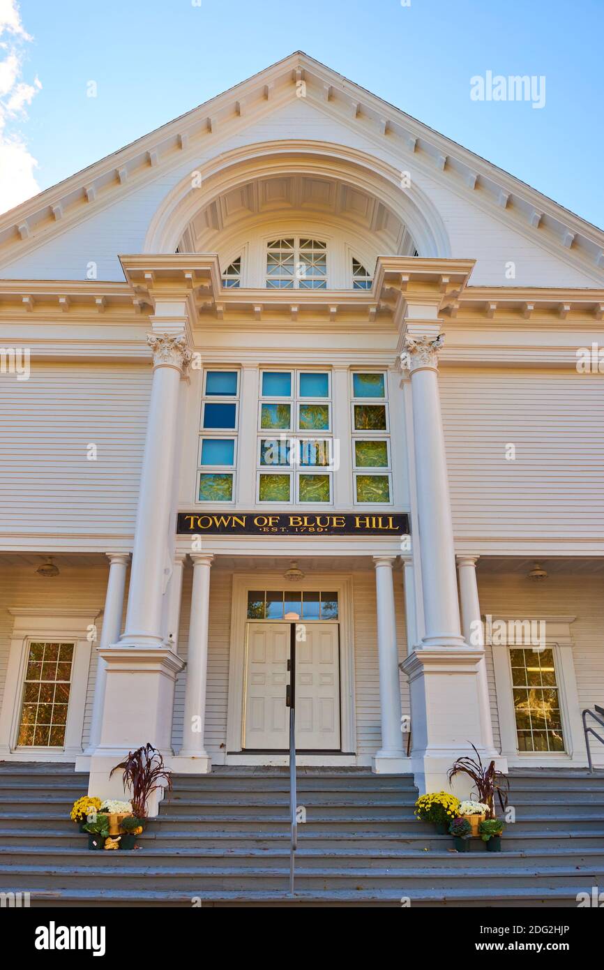 The exterior front facade, entrance to the Blue Hill Town Hall. In Blue