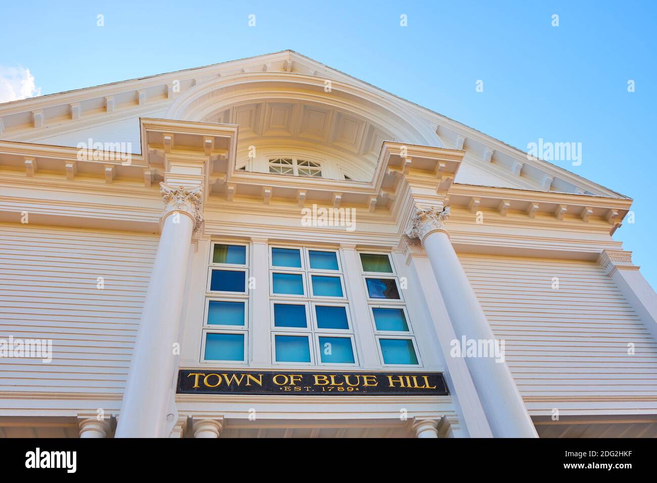 The exterior front facade, entrance to the Blue Hill Town Hall. In Blue