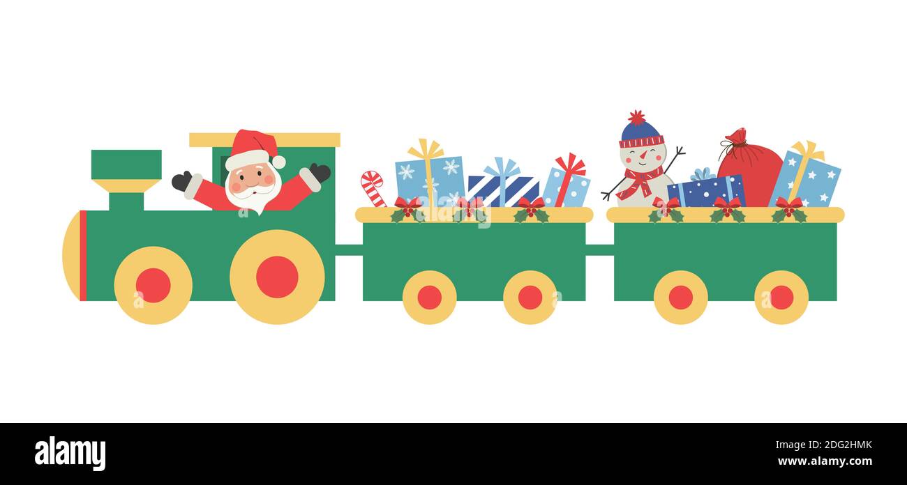 Christmas train with gifts. There is also Santa Claus and snowman in ...