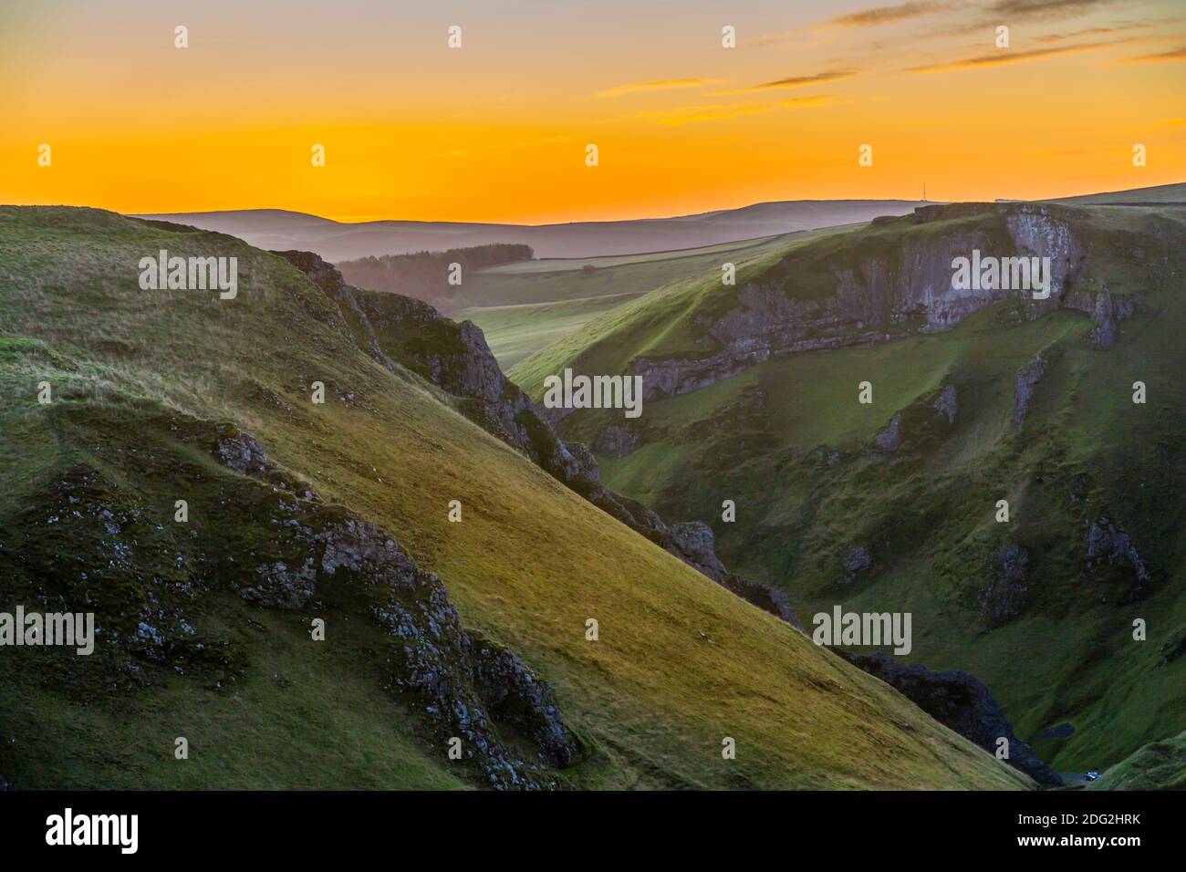 View of Winnats Pass at sunrise, Castleton, Derbyshire, Peak District National Park, England, United Kingdom, Europe Stock Photo