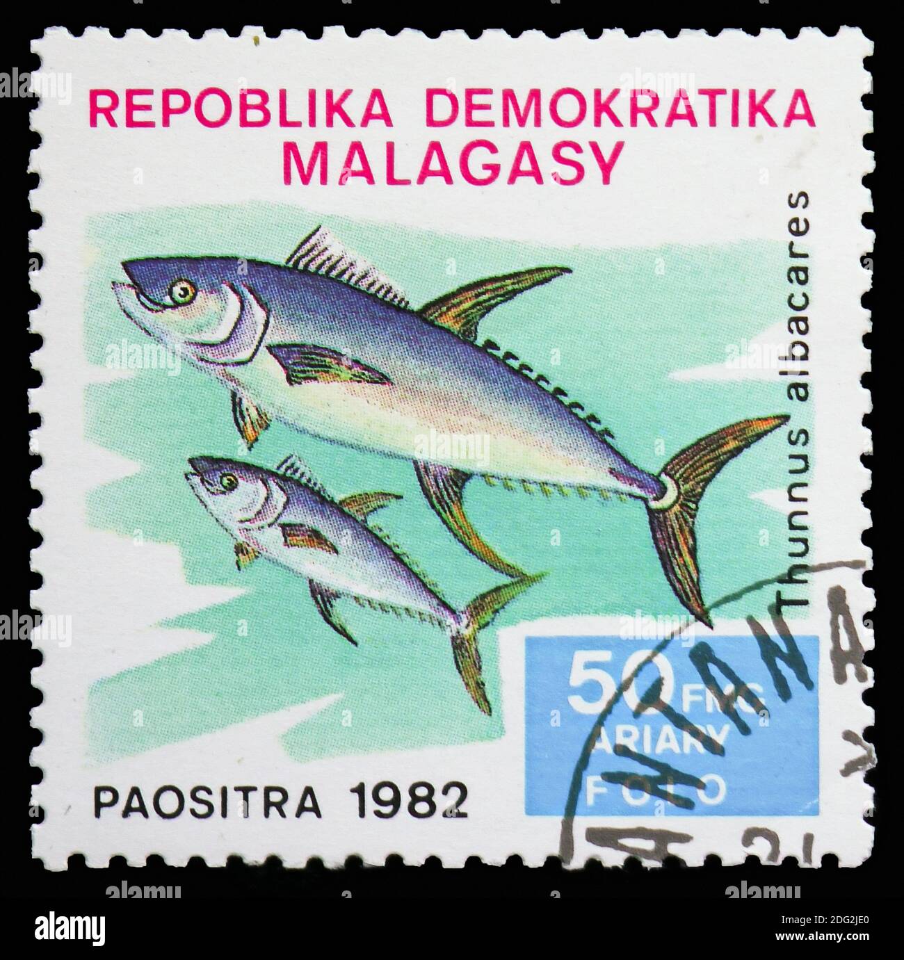 MOSCOW, RUSSIA - NOVEMBER 10, 2018: A stamp printed in Madagascar shows Yellowfin Tuna (Thunnus albacares), Fish serie, circa 1982 Stock Photo
