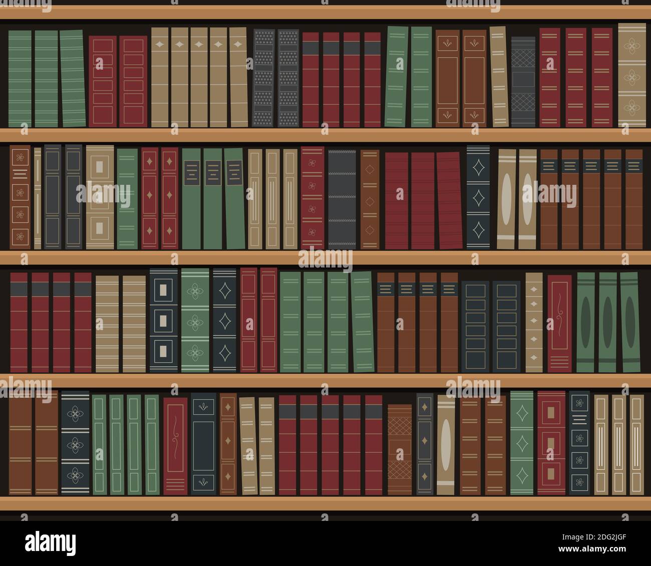 Bookshelf with books. Old books on the shelves. Library of retro books