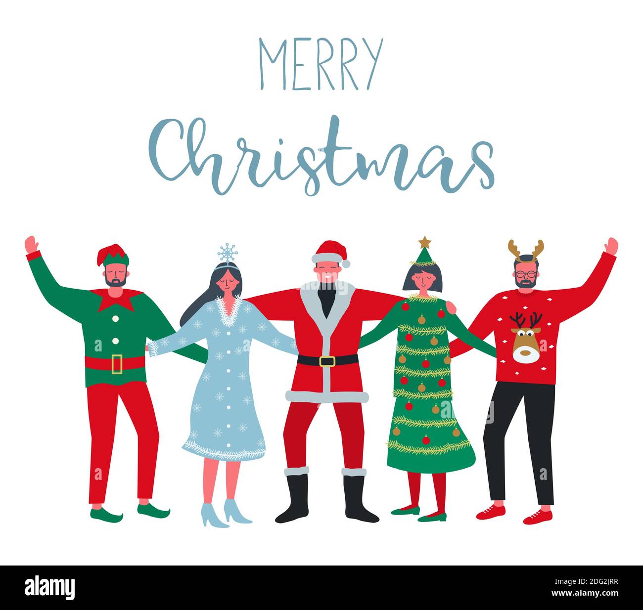 Christmas party. Young people wearing Christmas costumes. Best friends are stand together and