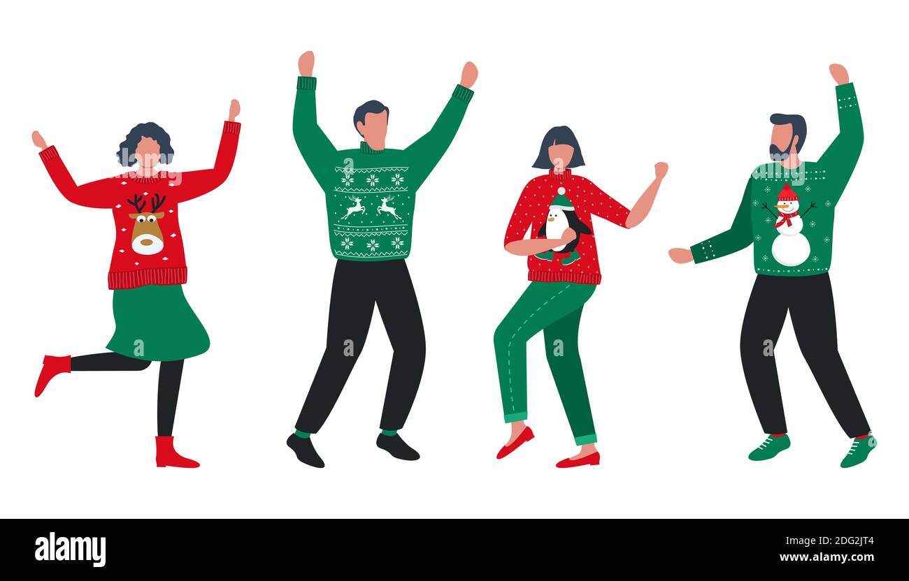Ugly Christmas Sweater Party. People in red and green Christmas sweaters with deer, snowman, penguin are dance. Vector illustration Stock Vector