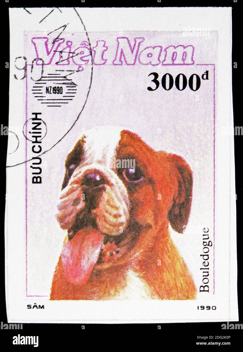 MOSCOW, RUSSIA - NOVEMBER 10, 2018: A stamp printed in Vietnam shows English Bulldog (Canis lupus familiaris), International stamp exhibition New Zeal Stock Photo