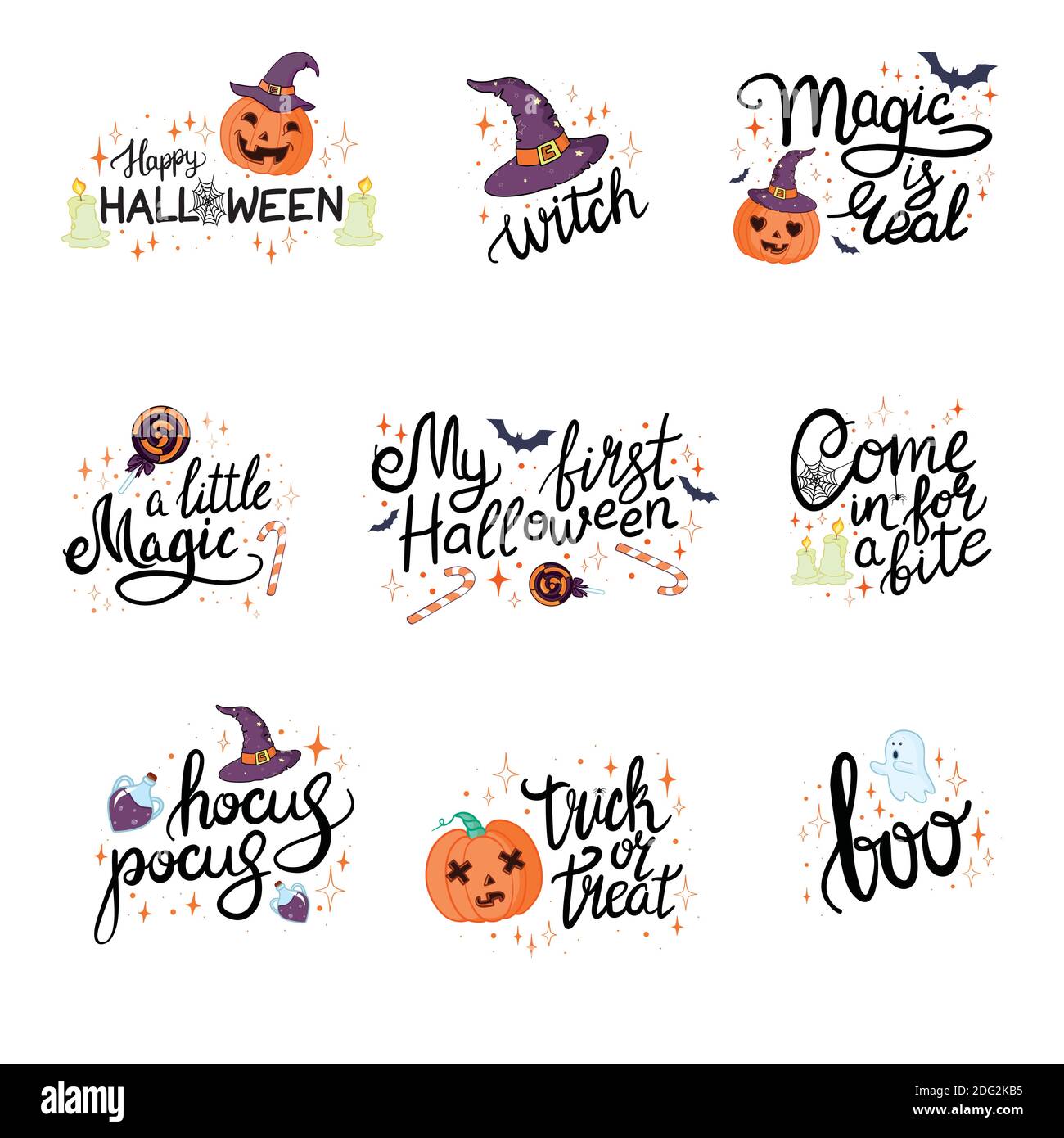 Happy Halloween hand drawn illustrations and elements. Halloween design elements, logos, badges, labels, icons and objects. Stock Vector
