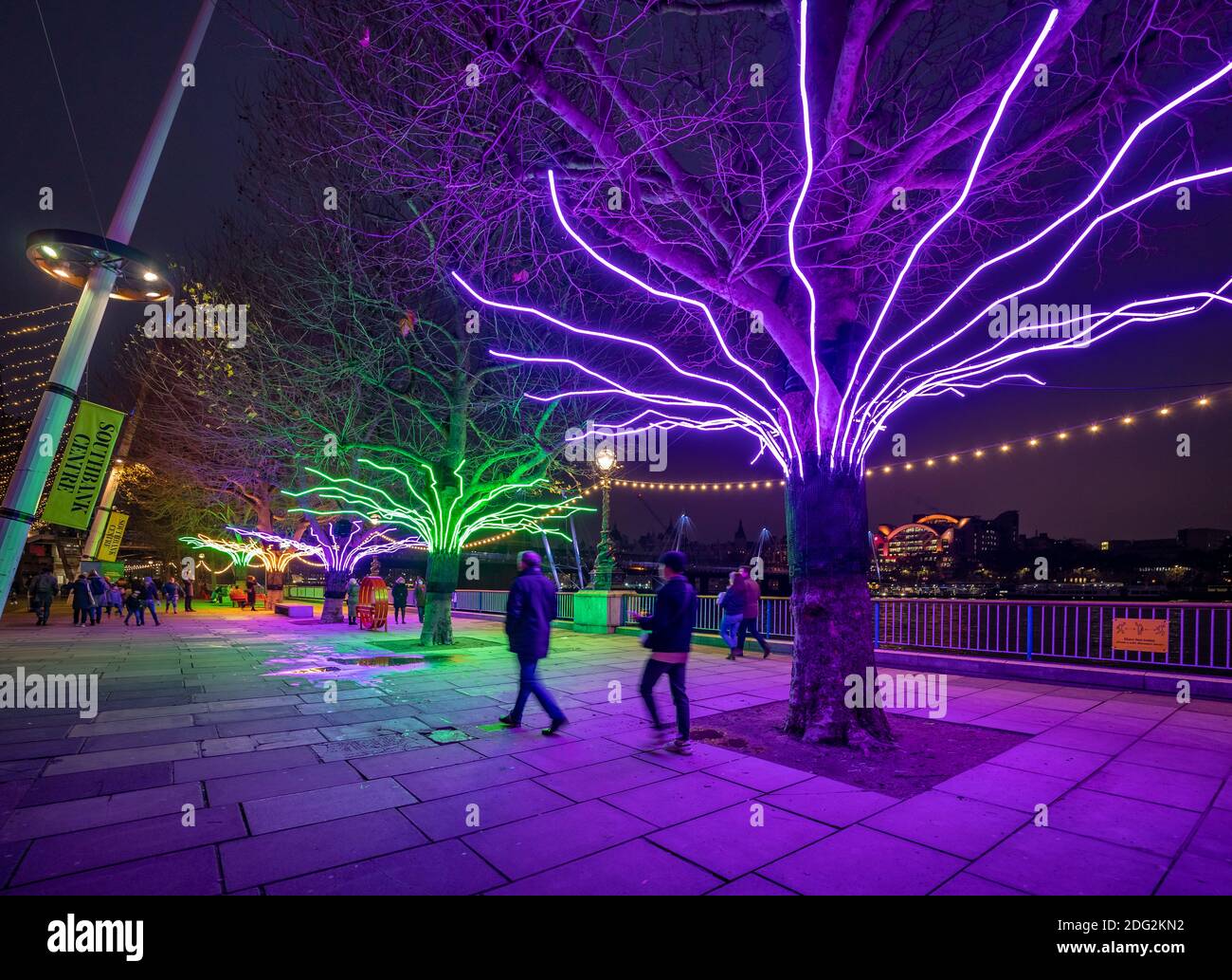 London, UK. 7th Dec 2020. “Winter Light” at Southbank Centre.  "Lumen", trees illuminated with glowing neon flex by artist David Ogle. Over 15 artworks and new illuminated commissions by a range of leading international artists feature during "Winter Light" located around the Southbank buildings and Riverside Walk until the end of February 2021. Credit: Guy Corbishley/Alamy Live News Stock Photo