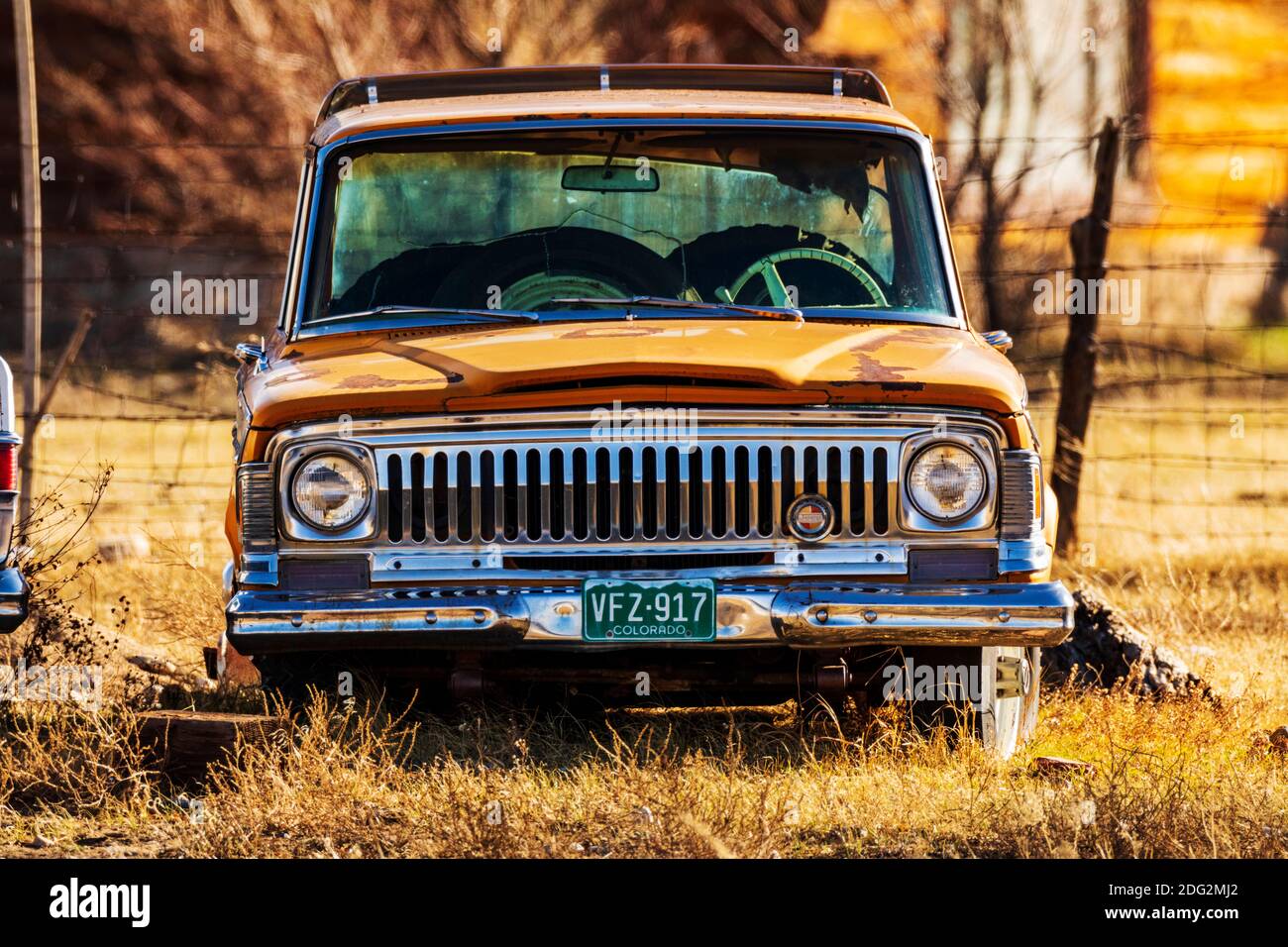 Old Jeep Wagoneer sitting in the weeds on a Colorado ranch Stock Photo