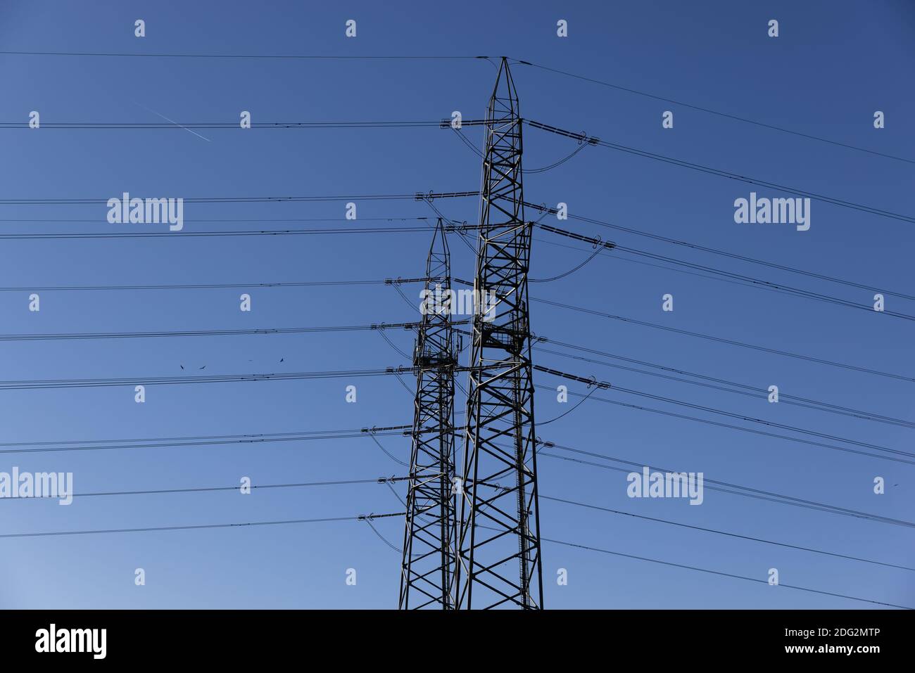 double steel high-voltage pylon in front of a blue sky and flying birds in the background, electricity supplies vital energy Stock Photo