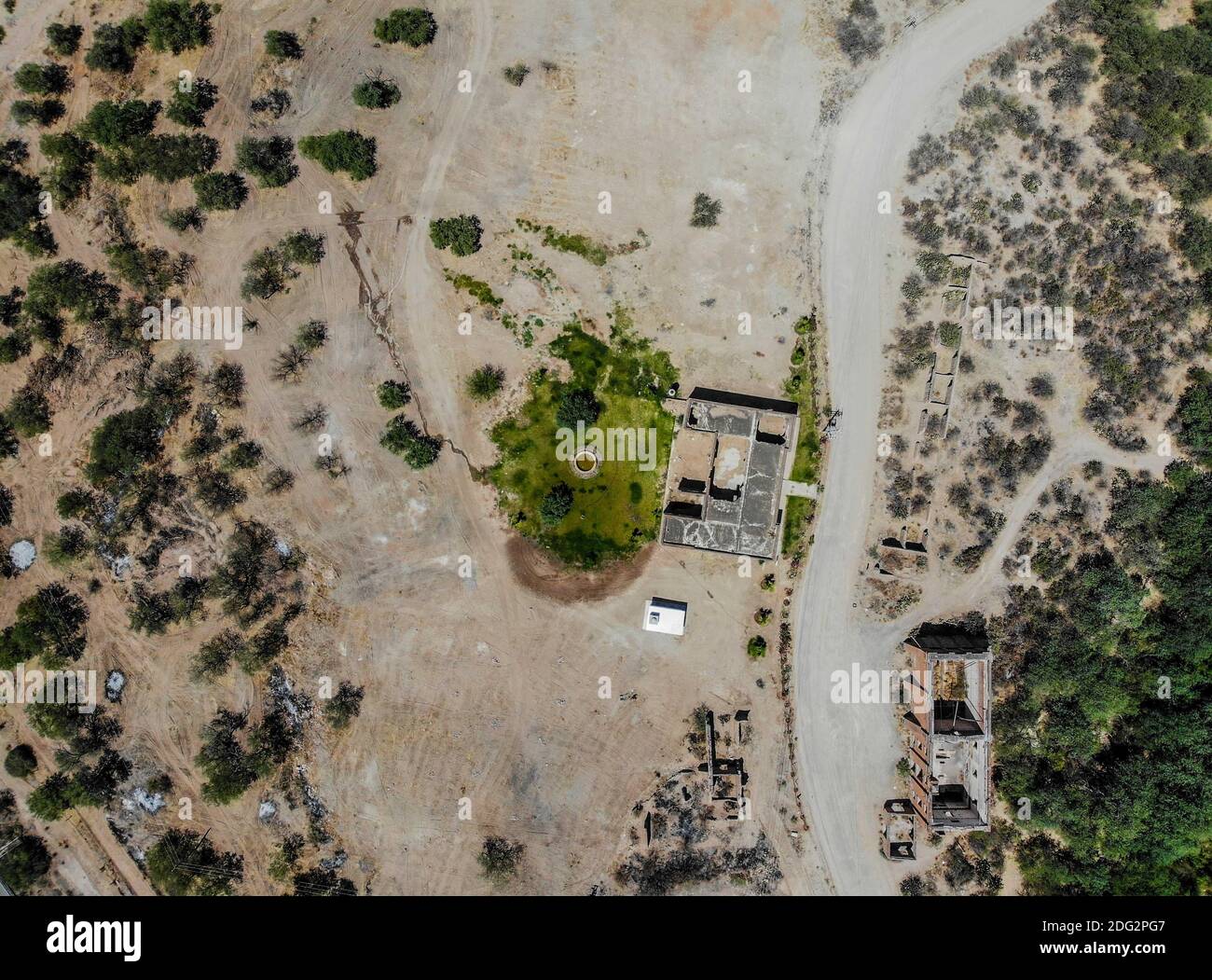 Aerial view of old ruined hacienda and mill in Codorachi, Sonora, Mexico Photo: (NortePhoto / LuisGutierrez)  Vista aerea de antigua  hacienda  en ruinas y molino en Codorachi, Sonora, Mexico  Photo: (NortePhoto / LuisGutierrez) Stock Photo