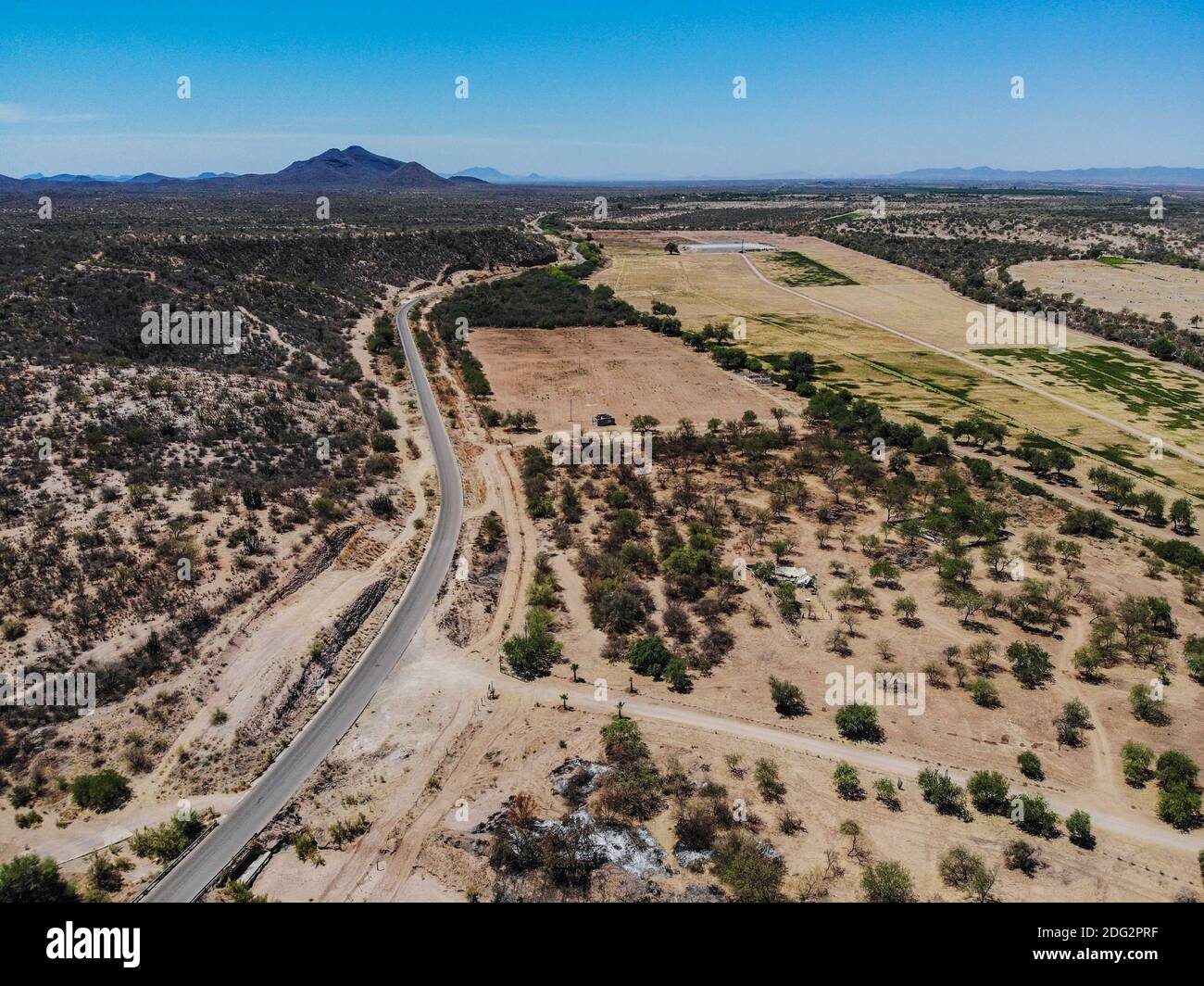 Aerial view of old ruined hacienda and mill in Codorachi, Sonora, Mexico Photo: (NortePhoto / LuisGutierrez)  Vista aerea de antigua  hacienda  en ruinas y molino en Codorachi, Sonora, Mexico  Photo: (NortePhoto / LuisGutierrez) Stock Photo