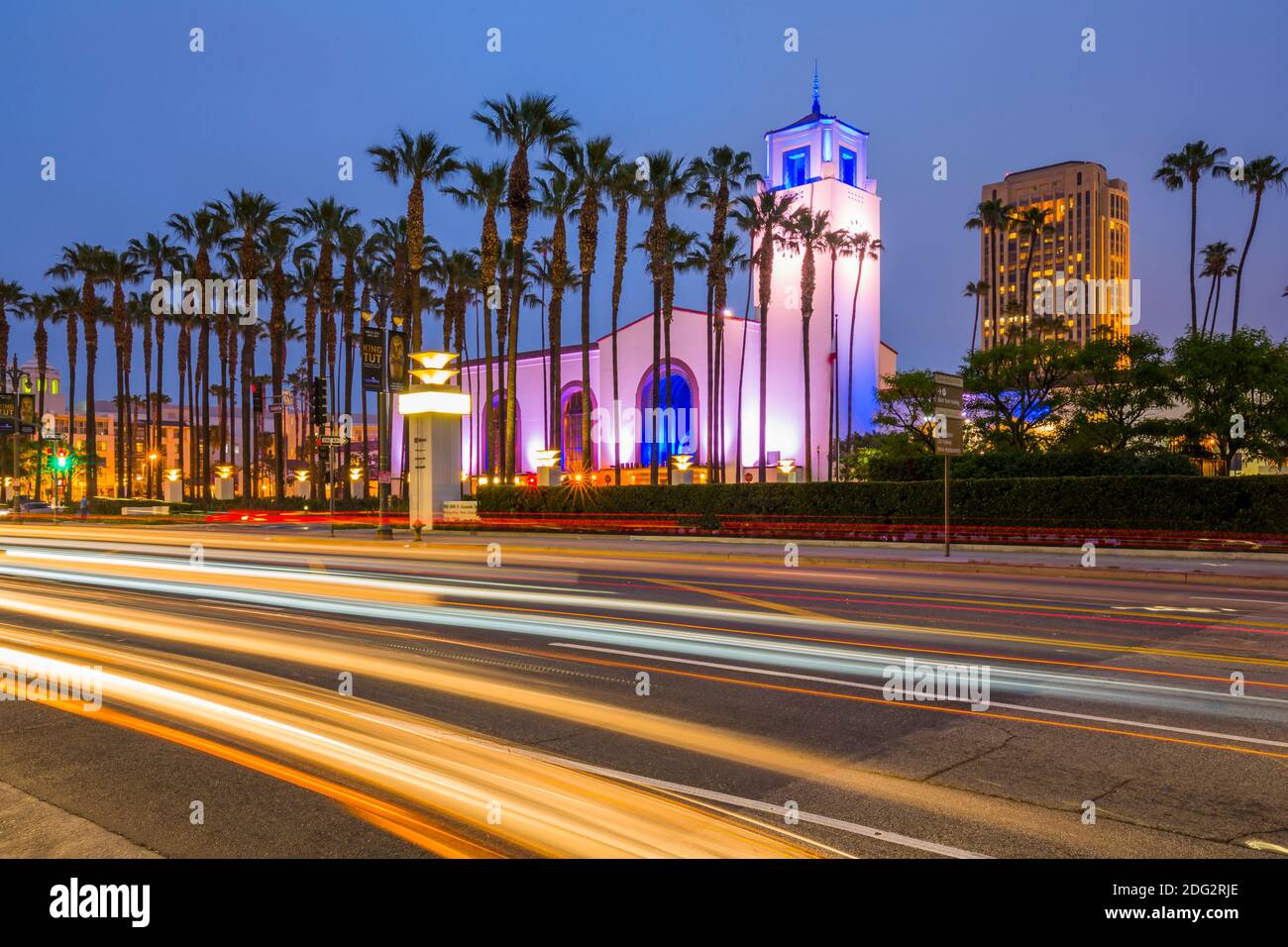 View of Union Station at dusk, Downtown, Los Angeles, California, United States of America, North America Stock Photo