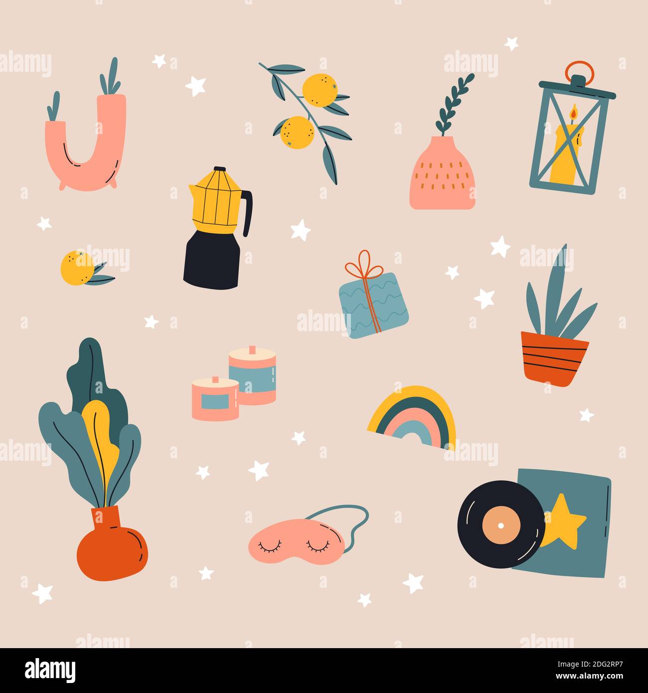 Hygge decor things. Winter holiday decor set. Stock Vector