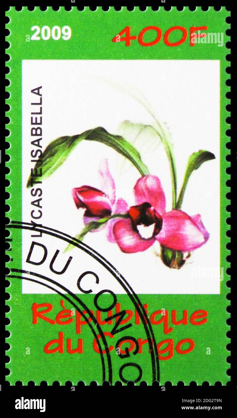 MOSCOW, RUSSIA - OCTOBER 21, 2018: A stamp printed in Congo shows Lycaste isabella, Mushrooms and Orchids serie, circa 2009 Stock Photo