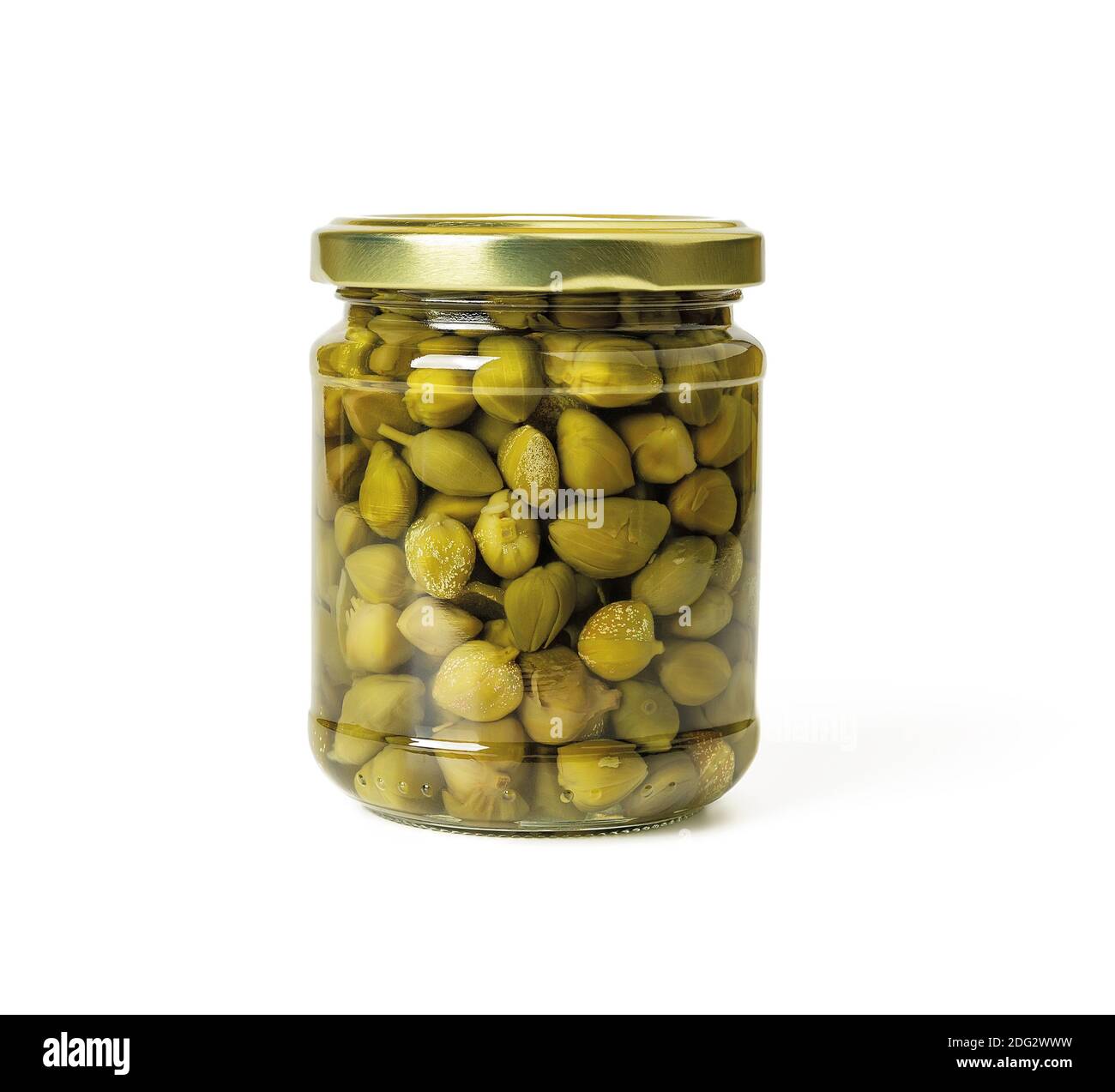 Glass jar of pickled capers in brine isolated on white background. Marinated buds of caper bush