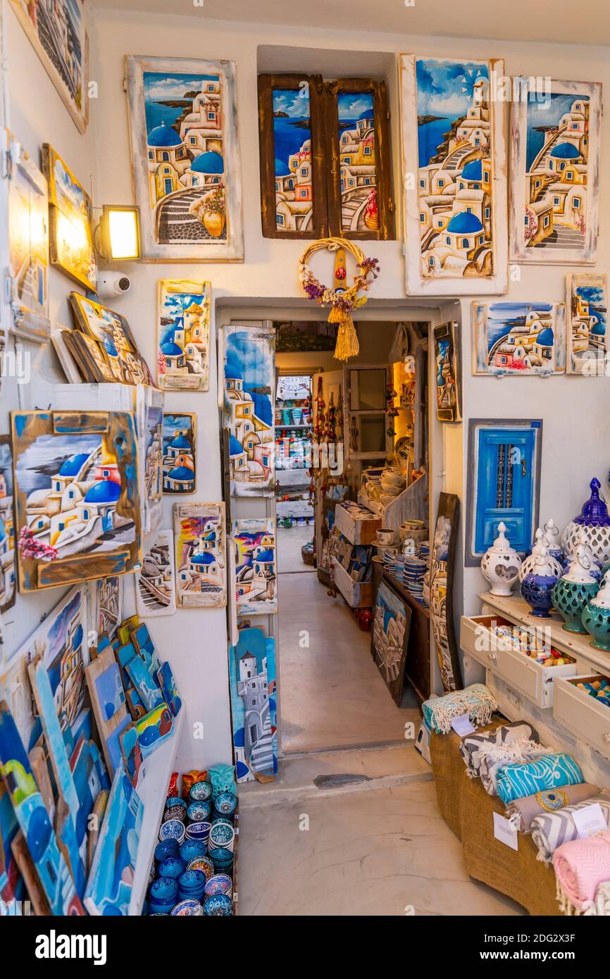 View of souvenir painted pictures shop in Oia, Santorini, Greek Islands, Greece, Europe Stock Photo