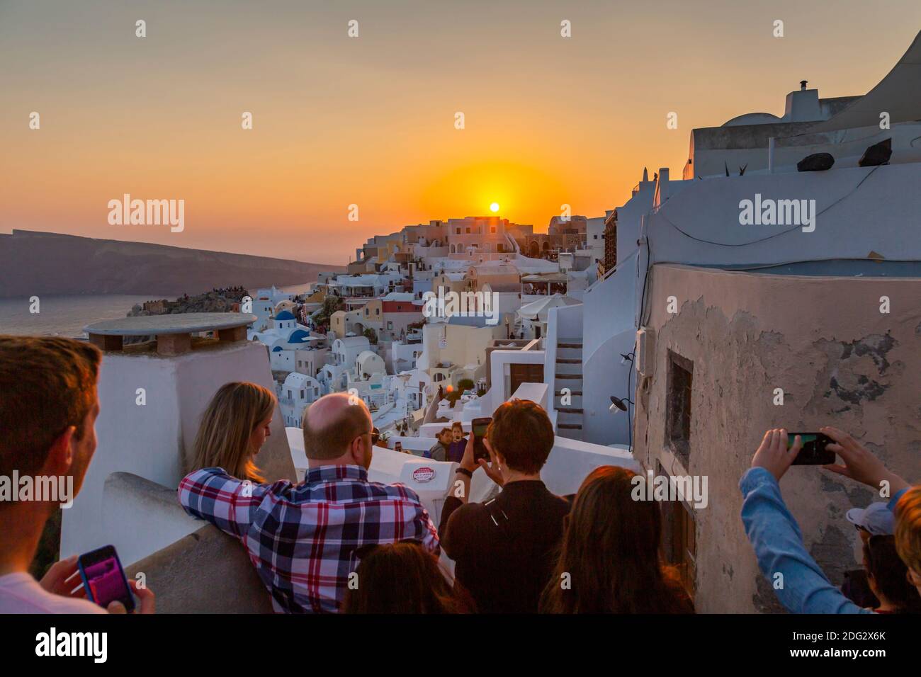 View of Oia village at sunset, Santorini, Aegean Island, Cyclades Island, Greek Islands, Greece, Europe Stock Photo