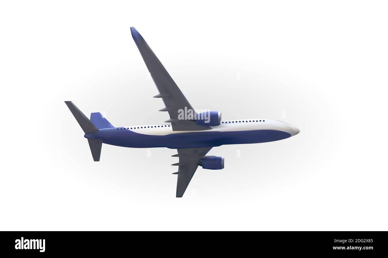 Naturalistic airliner flying on White background. Side view from the bottom. Illustration. Stock Photo