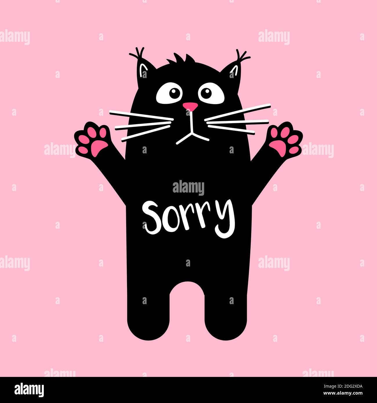 Sad cute cat with text Sorry. Kawaii black cat on pink background ...