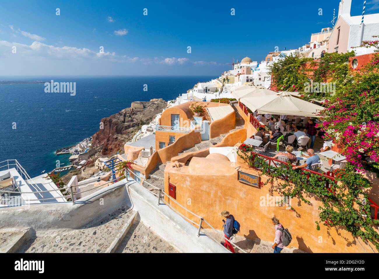 View of restaurant in Oia village, Santorini, Aegean Island, Cyclades Island, Greek Islands, Greece, Europe Stock Photo