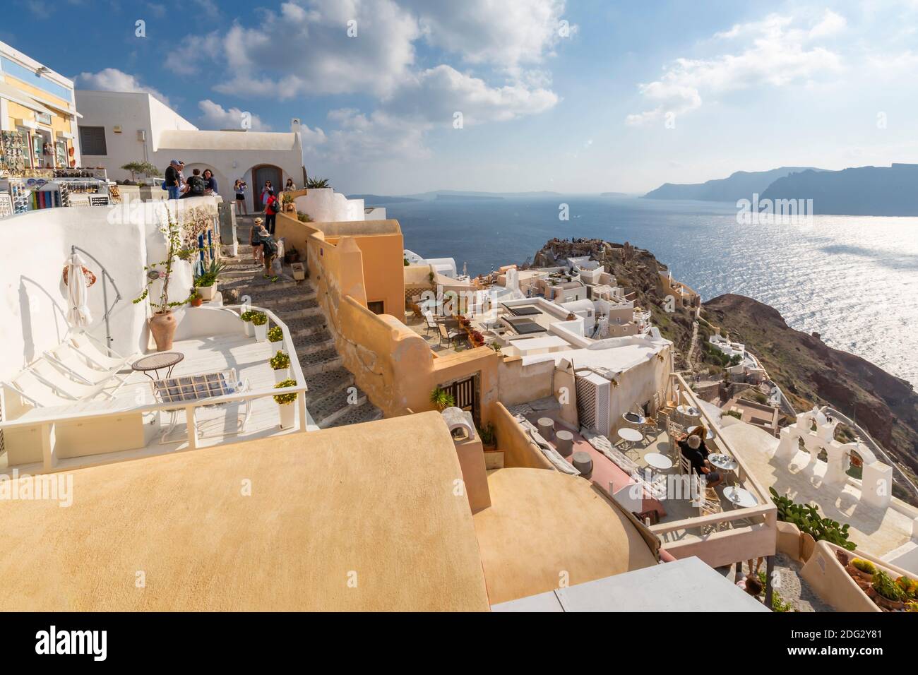 View of Castle ruins and Oia village, Santorini, Aegean Island, Cyclades Island, Greek Islands, Greece, Europe Stock Photo